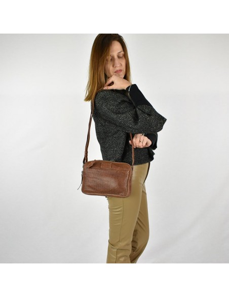 Bandolera en pell amb doble compartimento color cuir The Twins - Cràter