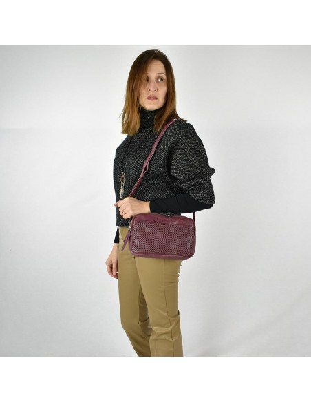 Bandolera en cuir amb doble compartimento color pruna The Twins - Cràter