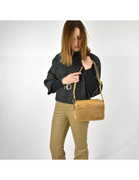 Bandolera en piel con doble compartimento color mostaza The Twins - Cráter