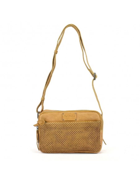 Bandolera en pell amb doble compartimento color mostassa The Twins - Cràter