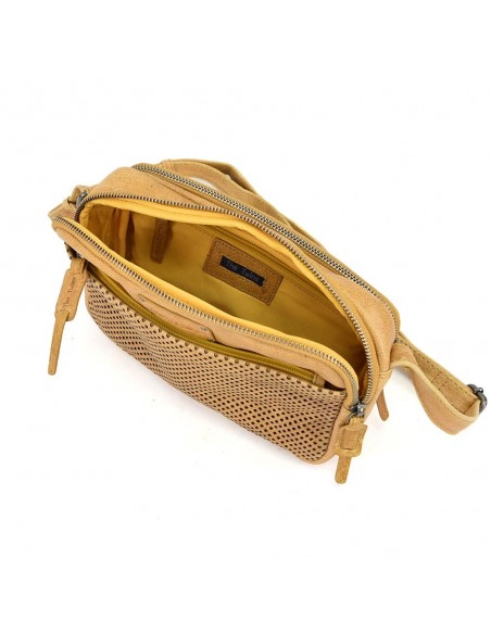 Bandolera en pell amb doble compartimento color mostassa The Twins - Cràter