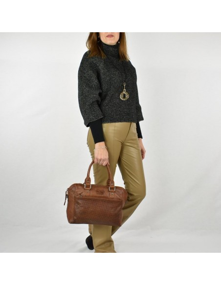 Bolso de mano en piel color cuero The Twins - Cráter