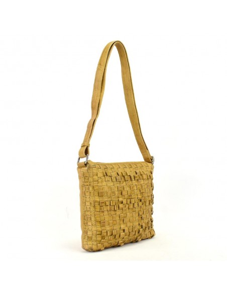 Bandolera plana en piel color mostaza The Twins - Trenza