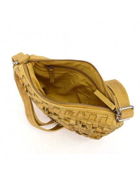 Bandolera plana en piel color mostaza The Twins - Trenza