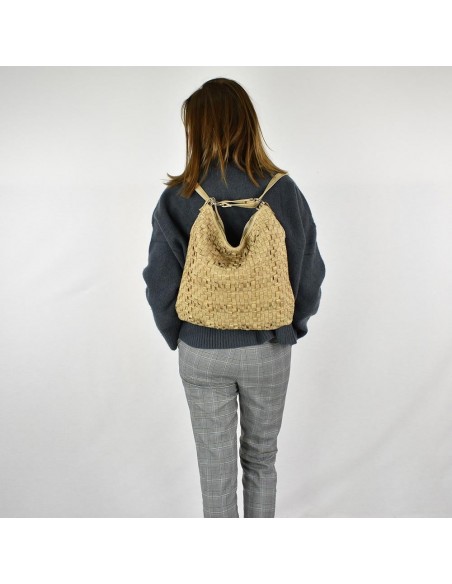 Bolso mochila en piel de color natural The Twins - Trenza