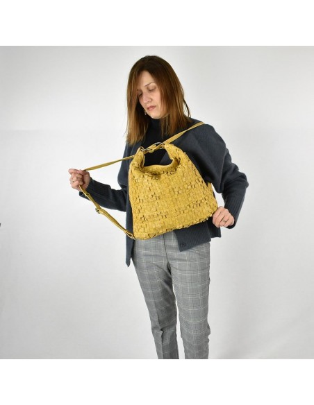 Bolsa mochila em pele mostarda The Twins - Trenza