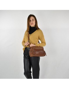 Bandolera en piel de color cuero The Twins - Open 2