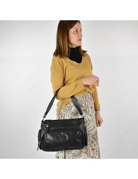 Bolso de hombro en piel de color negro The Twins - Open