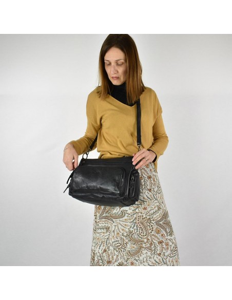 Bolso de hombro en piel de color negro The Twins - Open