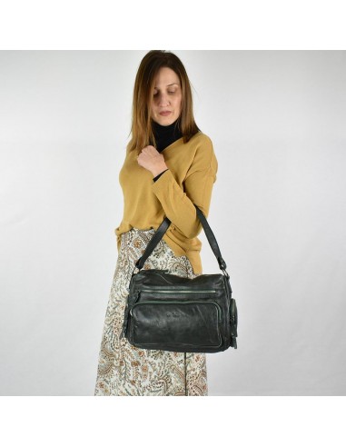 Bolso de hombro en piel de color verde The Twins - Open