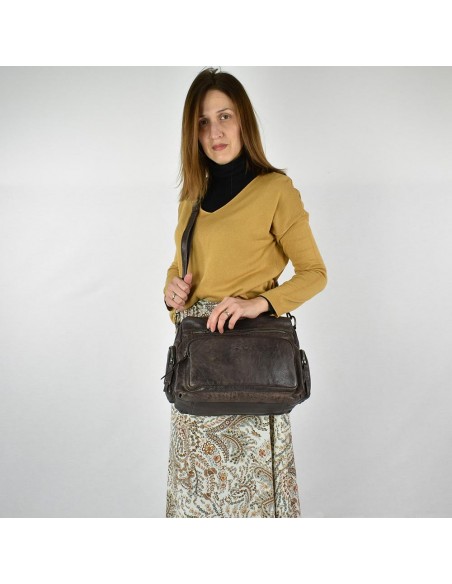 Bolso de hombro en piel marrón The Twins - Open