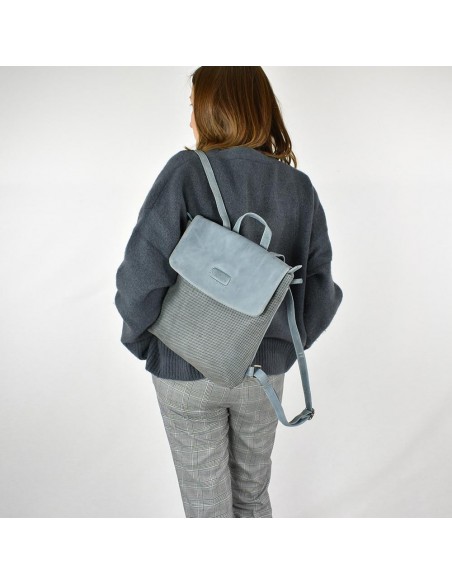 Mochila plana em pele azul com aba The Twins - Puntos