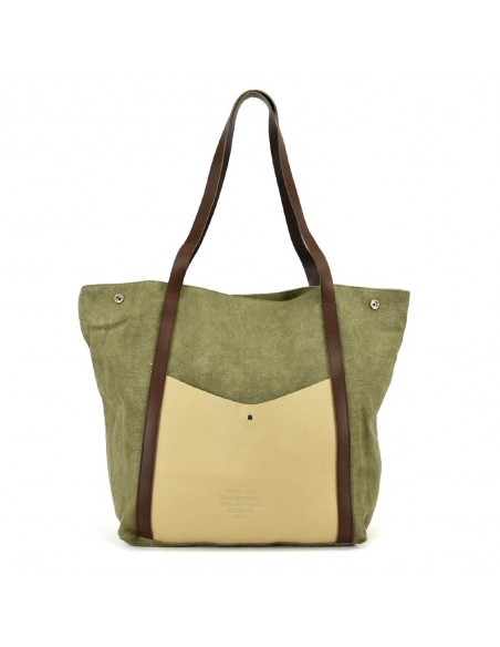 Bolso Shopper grande caqui de piel y lona Cuirots