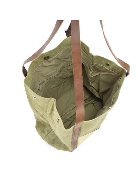 Shopper bag grande de couro cáqui e lona Cuirots