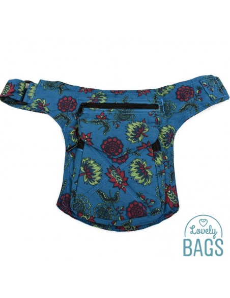 Riñonera de tela hippie azul floral cierre click - Stitching