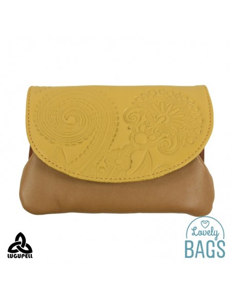 Monedero de piel beige mostaza y cuero Lugupell