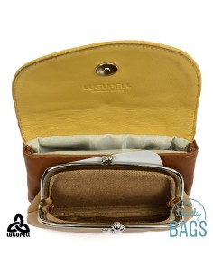 Porta moedas em pele mostarda, bege e couro Lugupell 2