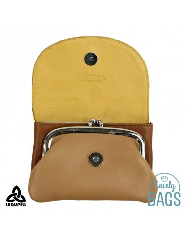 Porta moedas em pele mostarda, bege e couro Lugupell