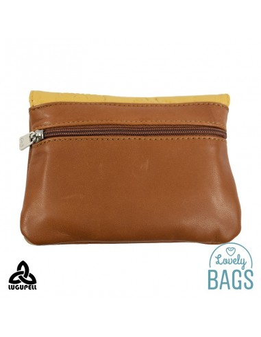 Porta moedas em pele mostarda, bege e couro Lugupell