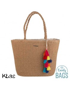 Bolso tote de rafia con colgante de flecos de colores - Kbas