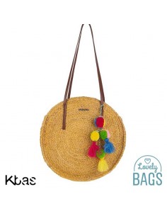 Bolsa de palha redonda mostarda com pompons - Kbas