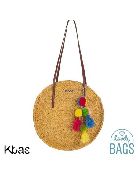 Bossa de palla rodó mostassa amb pompons - Kbas