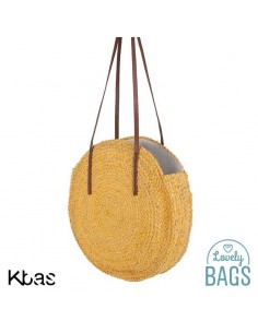 Bossa de palla rodó mostassa amb pompons - Kbas 2