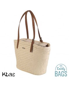 Cesto grande de ráfia com bolso de cor couro - Kbas 2