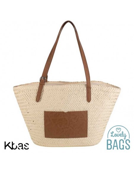 Cabàs de ràfia gran amb butxaca color cuir - Kbas