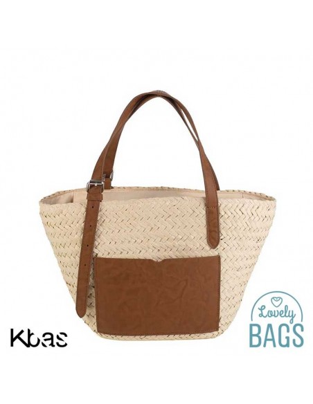 Bolso rafia pequeño con bolsillo color cuero - Kbas