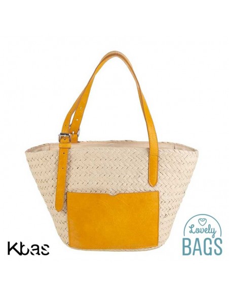 Bolsa pequena de ráfia com bolso mostarda - Kbas