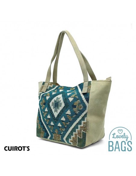 Shopper bag gran blau de pell i lona - Cuirots Étnico