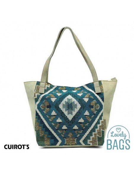 Shopper bag grande azul en piel y lona - Cuirots Étnico