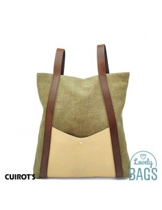 Mochila anti-roubo em lona cáqui e couro Cuirots
